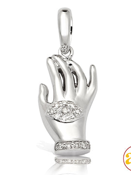 14KW 0.15CTW DIAMOND PENDANT - HAND WITH EVIL EYE