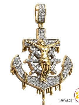 10KY 1.45CTW DRIPPING DIAMOND ANCHOR WITH CRUCIFIX