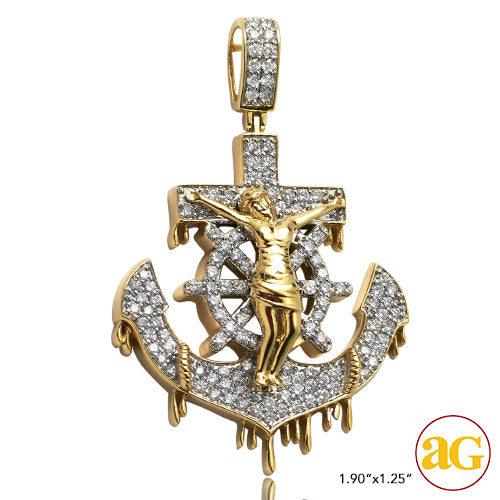 10KY 1.45CTW DRIPPING DIAMOND ANCHOR WITH CRUCIFIX