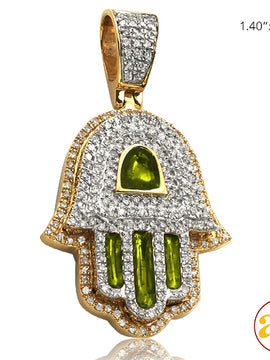 14KY 0.80CTW DIAMOND HAMZA PENDANT WITH GREEN