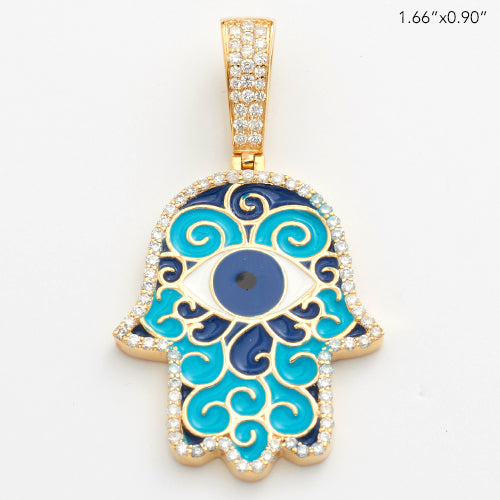 14KY 0.65CTW DIAMOND HAMZA PENDANT WITH BLUE AND