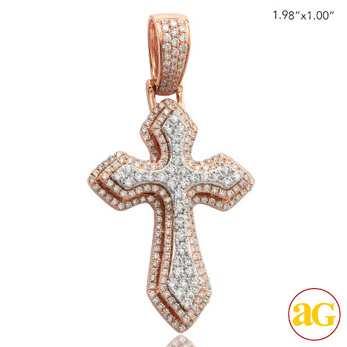 14KR+W 2.10CTW DIAMOND TWO TONE 3-D POINTED CROSS