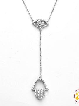 14KW 0.27CTW DIAMOND EVIL EYE WITH HAMZA NECKLACE