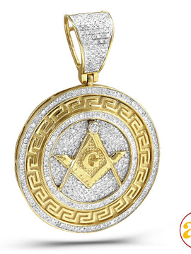 10KY 0.85CTW DIAMOND GREEK KEY MASONIC MEDALLION