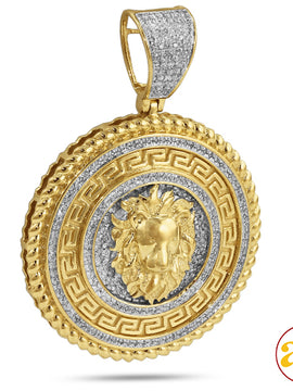 10KY 0.65CTW DIAMOND GREEK KEY LION HEAD MEDALLION